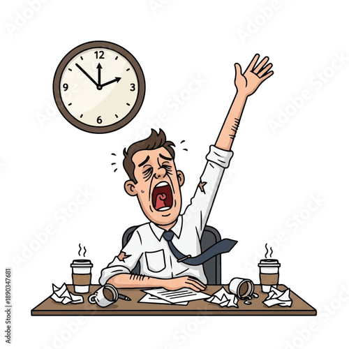 Man sitting at desk, stressed, surrounded by papers and coffee, with clock in the background, viewed from the front