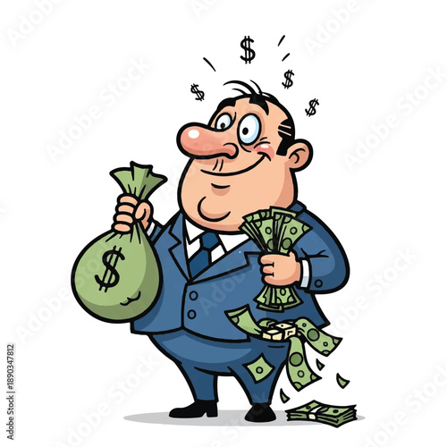 Man in blue suit holding money bag and cash, surrounded by floating currency