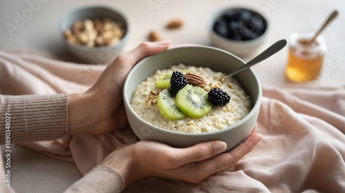 Hands holding a bowl of warm oatmeal porridge topped with kiwi, blackberries, pecans, and nuts, enjoying a healthy breakfast