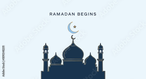 A simple illustration announcing the beginning of Ramadan, featuring a mosque silhouette, crescent moon, and star on a light blue background.
