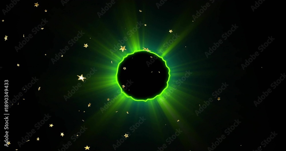Naklejka premium Glowing black void showing neon-green rim and radial beams in space, scattering gold stars