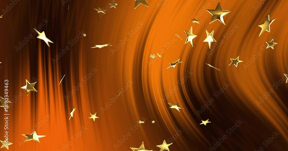 Obraz premium Floating metallic gold five-point stars with swirling golden-orange gradient on digital backdrop