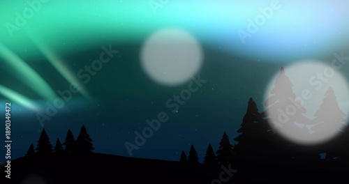 Dancing auroral curtains stretching across starry night sky at northern ridge, with conifer bokeh