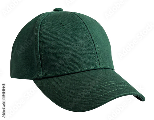  Dark Green Baseball Cap Front View with Curved Brim, Minimal Studio Style, Isolated on Transparent Background