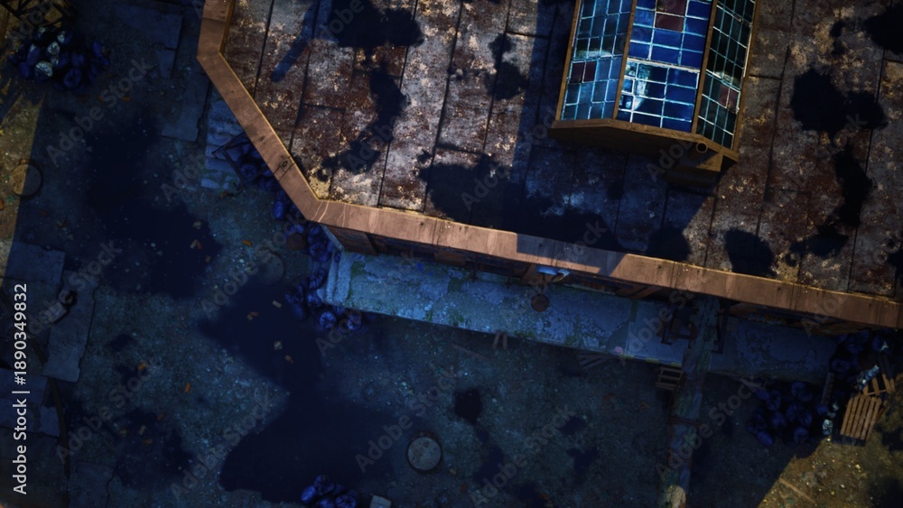 Obraz premium Aerial view of neglected rooftops and patches of shadow revealing a weathered urban scene, where sunlight plays over textured surfaces and scattered debris hints at past stories.