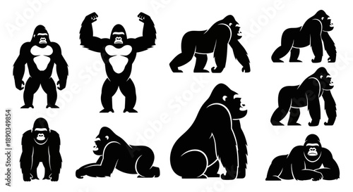 Collection of black gorilla silhouettes in various poses