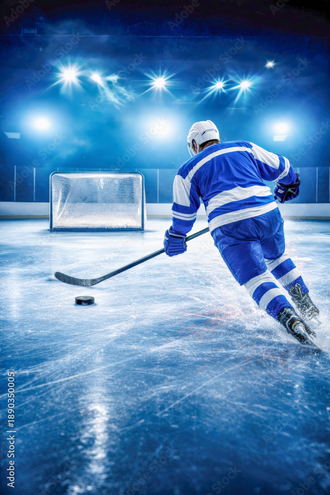 Naklejka premium Rear view of ice hockey player in blue uniform attacking goal