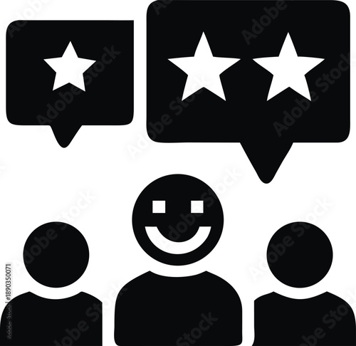 Customer Testimonials and Peer Review Icon: Group of Happy Users Giving Star Rating Feedback in Speech Bubbles - Solid Glyph Vector Illustration for UX Design, Surveys, and Service Evaluation.