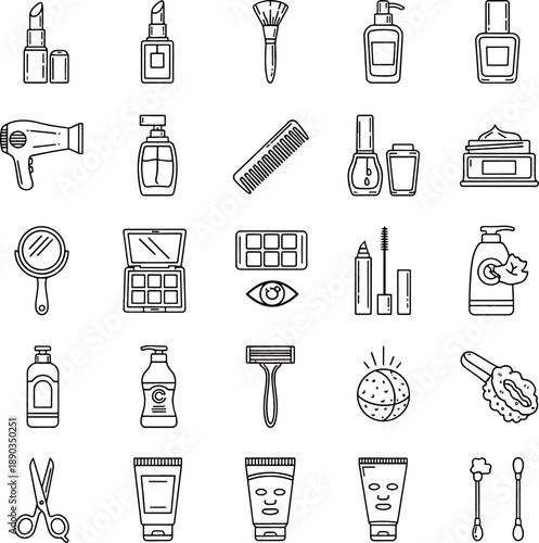 Collection of beauty and cosmetic products icons vector set, including lipstick, makeup brush, hairdryer, comb, and skincare items