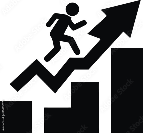 Black Silhouette of a Man Running Up a Success Chart Icon – Business Growth, Financial Progress, and Career Ambition Vector Symbol for Motivation, Development, and Achievement in EPS