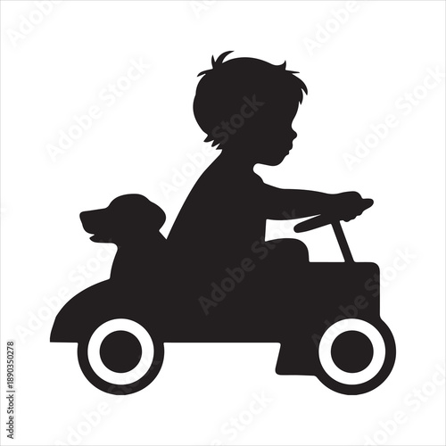 Handcrafted Silhouette of a Young Child and Loyal Dog Tricycle vector.
