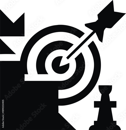 Strategic Target Achievement Vector Icon: Combining Chess Pieces (King and Pawn) with Bullseye and Arrow for Business Success, Goal Setting, Leadership, and Victory Symbol.