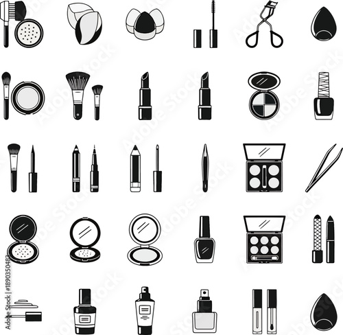 Collection of assorted makeup and cosmetic products and tools flat vector icons, beauty essentials for makeup application and care