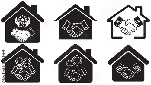 Badge Emblem With Handshake Inside A House Silhouette Representing Real Estate Deals, Home Partnership And Property Agreements