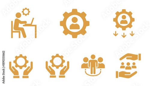 Set of human resource organization management with gear setting icon set teamwork structure hierarchy leadership diagram