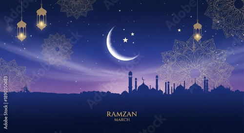 Ramadan mubarak night sky crescent moon mosque silhouette lanterns