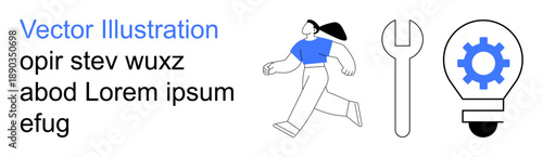 Innovation, creative solutions, technological development, repair tools, business ideas, modern designs. Female figure, wrench gear inside light bulb. Innovation and creative solutions concept