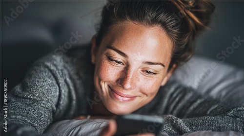 Woman smiles while using a smartphone in a cozy setting during the evening
