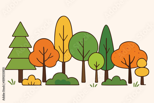 Cute Flat Forest Illustration with Stylized Trees in Earth Tone Colors