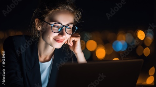 Young woman works on laptop at night with city lights in the background while smiling and focused on the screen