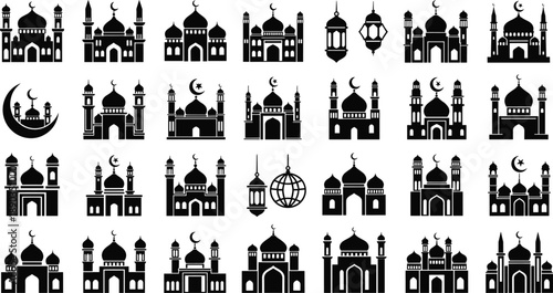 Silhouette icon set of Islamic architecture and symbols, mosque domes, crescent moons, lanterns, cultural and religious theme illustration, transparent background graphic