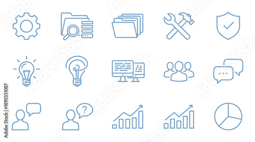 Analysing business data with gear and magnifying glass icon set. Market research, analytic. Business analysis, financial concept