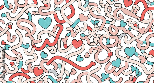 Love's Labyrinth: A vibrant and playful pattern of intertwined abstract forms, adorned with hearts, creating a whimsical exploration of affection and connection.Colorful abstract seamless vector patte
