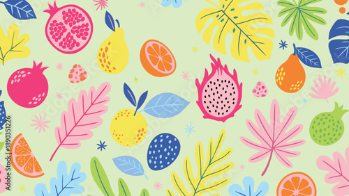 Tropical Fruit and Exotic Leaves Colorful Pattern Illustration