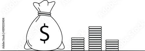 Money bag with dollar sign next to stacks of coins representing financial growth and savings stack of coins