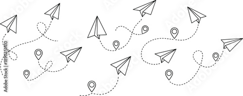 Paper airplanes flying on dotted lines with location pins on white background travel journey