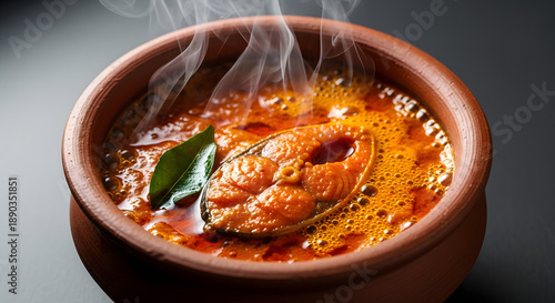 Authentic Spicy South Indian Fish Curry in a Traditional Clay Pot with Fresh Curry Leaves