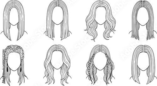 Outline illustrations of various female hairstyles on a white background woman beauty