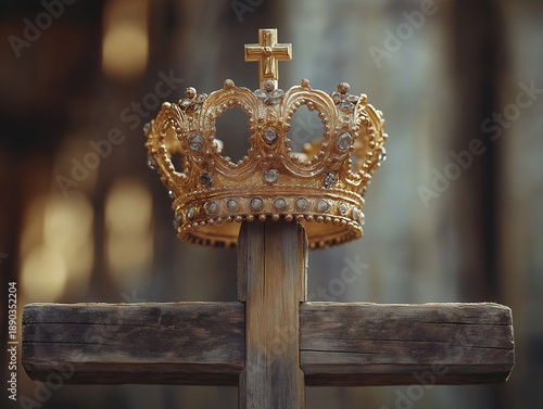 Aged wooden cross with a gleaming gold crown on top