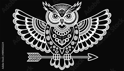 A stylized, minimalist illustration of an owl in white linework against a stark black background. The owl is depicted with its wings spread wide in a symmetrical, almost heraldic pos