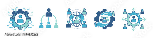 Set of human resource organization management with gear setting icon set teamwork structure hierarchy leadership diagram