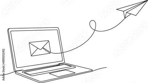 Laptop with email icon and paper airplane sending message on white background computer envelope