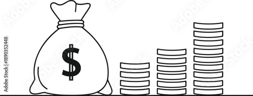 Money bag with dollar sign and increasing stacks of coins illustrating financial growth and savings stack of coins
