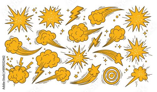 Explosive surprise comic line golden effect set. Hand drawn doodle cartoon speed effect, gold explosive burst action elements.