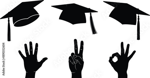 Graduation caps and hand gestures in silhouette on white background mortarboard tassel