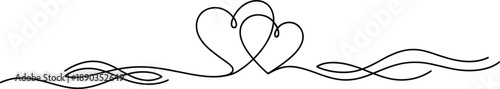 Decorative flourish with two intertwined hearts and swirling lines on a white background love romance