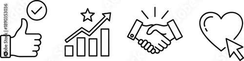 Set of black line icons showing thumbs up with check mark, growth chart, handshake, and heart with cursor
