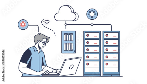 A man working on a laptop with cloud computing and server infrastructure