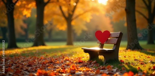 Heart-shaped bench, autumn leaves, park Golden hour light , cozy, texture
