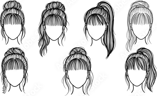 Set of black and white illustrations of various women's hairstyles including buns ponytails and updos with bangs