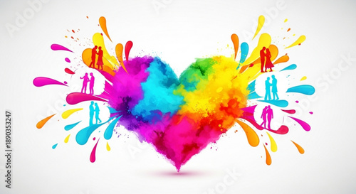 Vibrant heart shape with colorful paint splatters and silhouettes