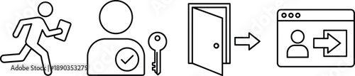 Icons representing login process user account access with key open door and computer screen vector illustration