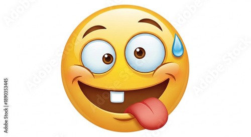 A cartoon emoji with a comically exaggerated expression showing a tongue sticking out and sweat drop