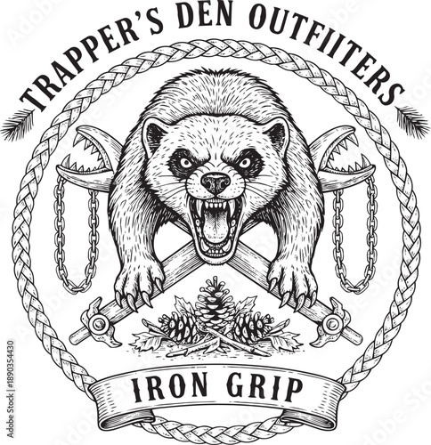 Vintage hunting emblem featuring a fierce bear with crossed swords and pinecones