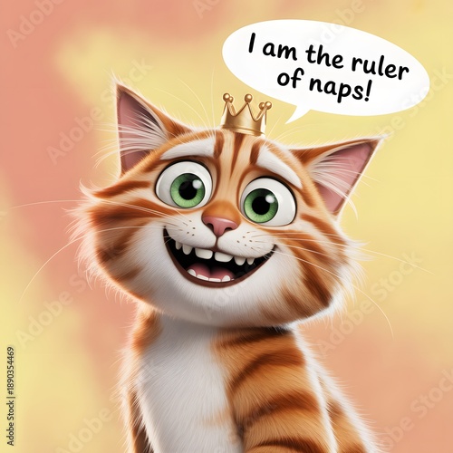 Playful cat wearing crown claims nap royalty with cheerful grin