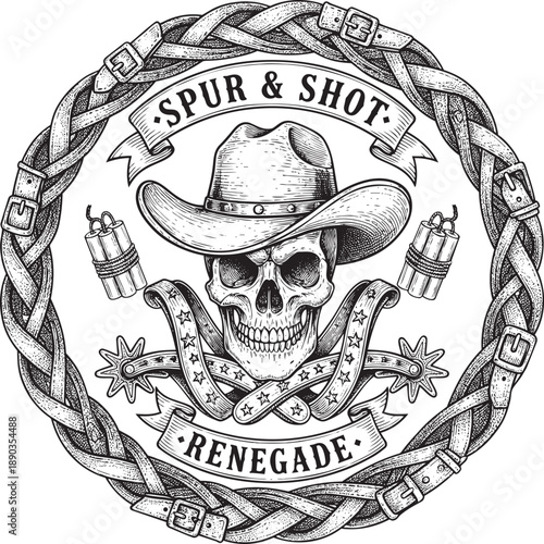 Vintage illustration of a cowboy skull with crossed pistols and rope border